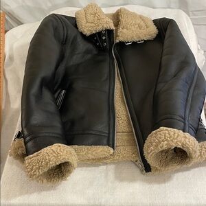 Zara Black Leather Aviator Jacket with Beige Shearling Trim